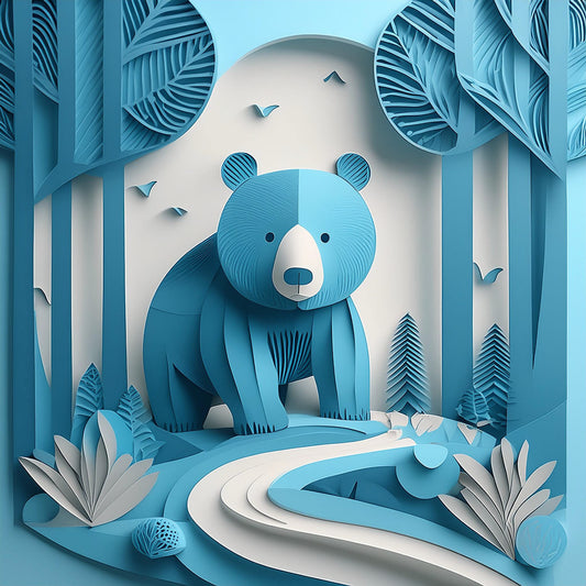 Introducing "Blu The Bear" by FN Prints: This exquisite paper art-style illustration features a charming blue bear standing amidst a forest, ideal for bear-themed nursery decor. The scene is beautifully crafted with a winding path, trees, bushes, and birds, all designed using layered and intricate paper cut-out techniques that evoke a folded paper effect. The serene and whimsical color palette predominantly showcases soothing shades of blue.