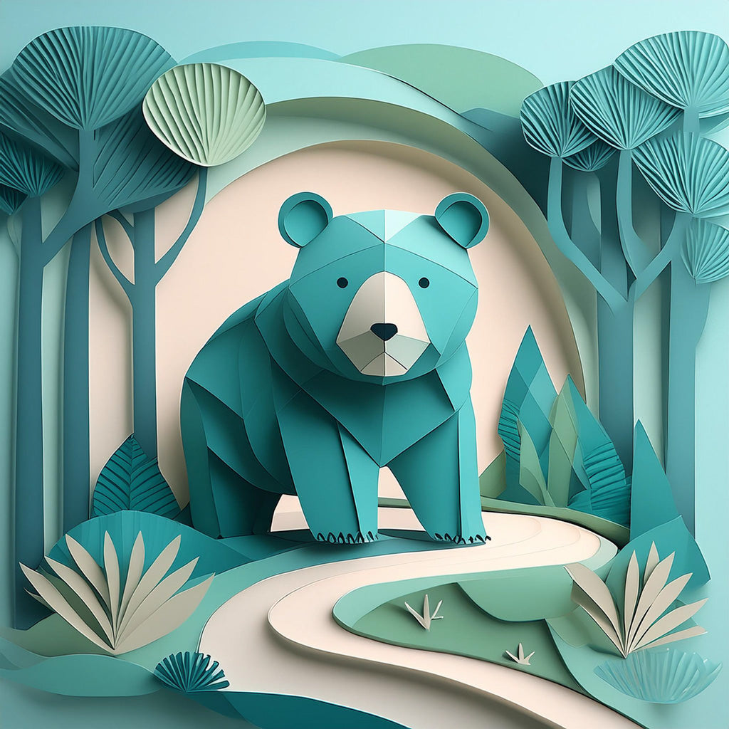 Introducing Bao The Bear by FN Prints, a stylized and geometric illustration featuring a teal bear crafted from an array of green and blue paper. The bear is positioned on a curved path within a forest teeming with diverse trees and plants, designed in a layered, paper-cut art style—ideal for decorating children's rooms.