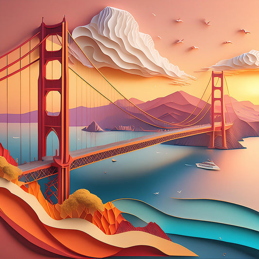 Presenting the vivid and enchanting "Golden Gate Bridge" by FN Prints—a paper art-style masterpiece capturing the iconic structure at sunset. This golden hour scene dazzles with pink and orange skies, fluffy clouds, distant mountains, a boat sailing under the bridge in serene blue waters, and birds flying gracefully in the background.