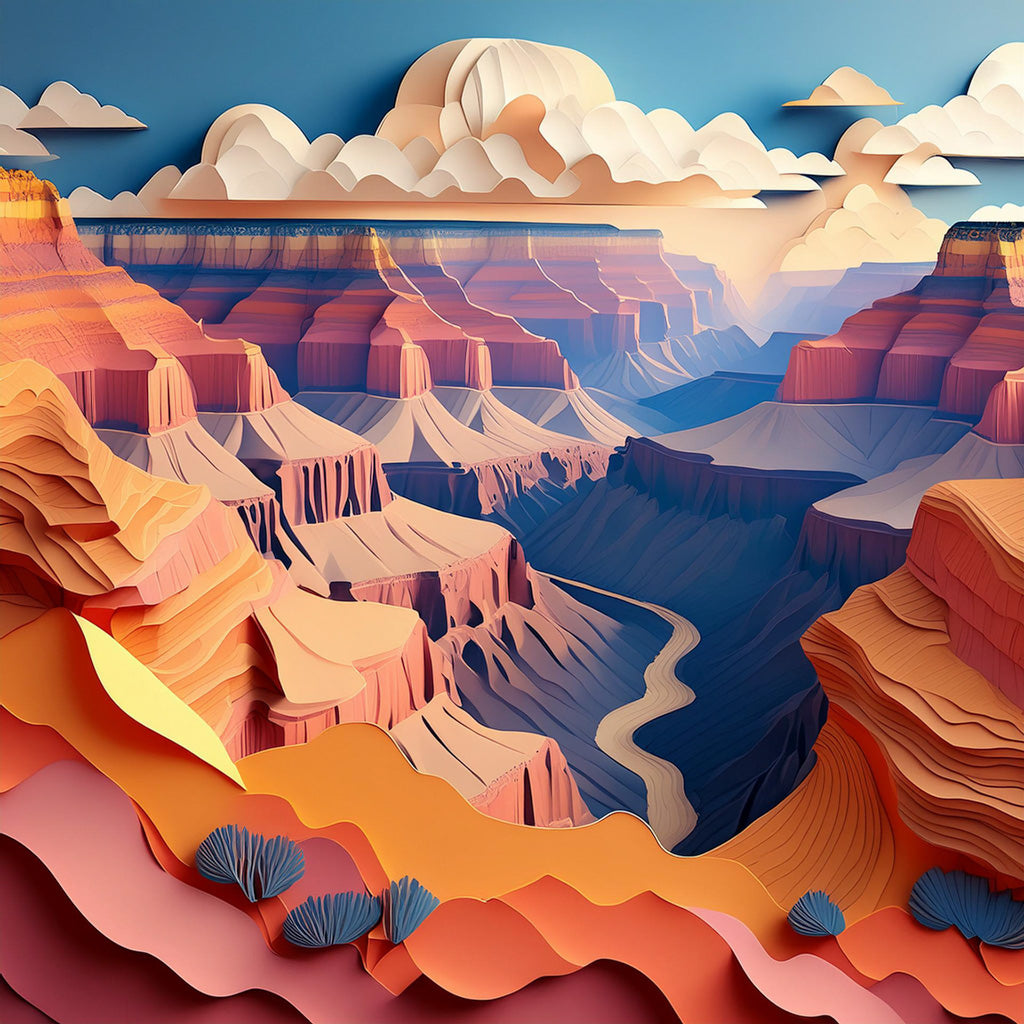 A vibrant, stylized illustration by FN Prints of the Grand Canyon, depicting a vast landscape with layered rock formations in hues of orange, red, and pink. A winding river flows through the canyon under a sky with fluffy clouds. Bushes dot the foreground, all rendered in a captivating digital art print style.