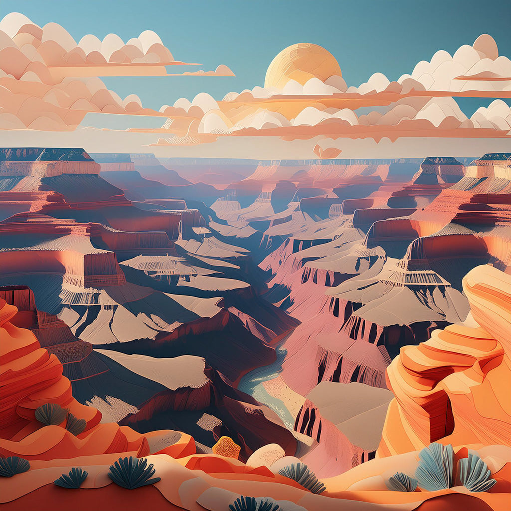 The Grand Canyon III by FN Prints features a vibrant, stylized illustration of the Grand Canyon at sunset, showcasing dramatic layers of orange, pink, and purple rocks in exquisite digital art. A winding river meanders at the base while fluffy clouds and a glowing sun hover above. This stunning piece is perfect for enhancing any living space decor.