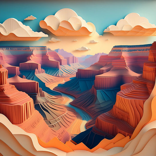 FN Prints presents Grand Canyon IV, a digital artwork showcasing a stylized interpretation of the Grand Canyon with layered rock formations in vibrant shades of red, orange, and blue. The piece features a folded paper effect and puffy clouds floating above the canyon. A winding river meanders through its depths under a partially cloudy sky, exuding serene elegance.