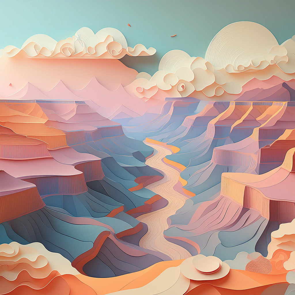 The Grand Canyon VI by FN Prints is a surreal, colorful landscape illustration that depicts a canyon reminiscent of the Grand Canyon with flowing river-like pathways. This digital art design is layered with shades of blue, pink, orange, and purple from a pastel palette, giving it a dreamlike and whimsical feel. Soft clouds and a large, glowing moon hover in the sky.