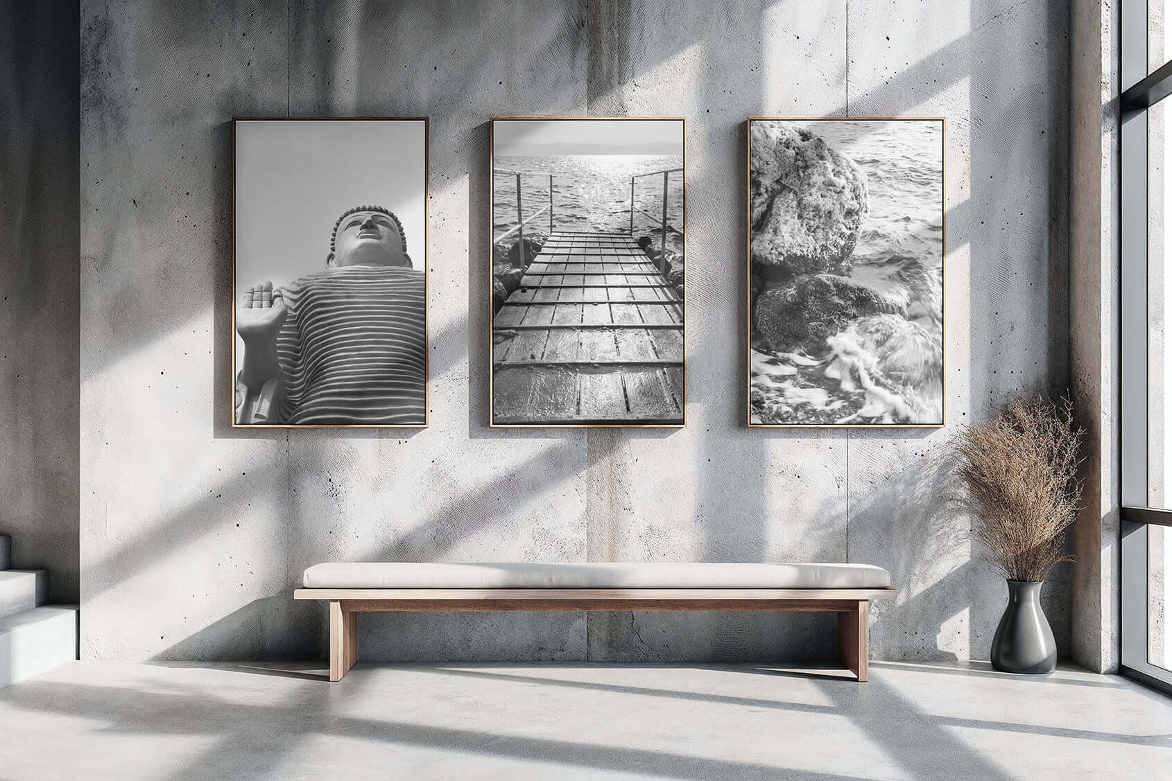 Three framed photographs displayed on a wall, adding a personal touch to the room's decor.