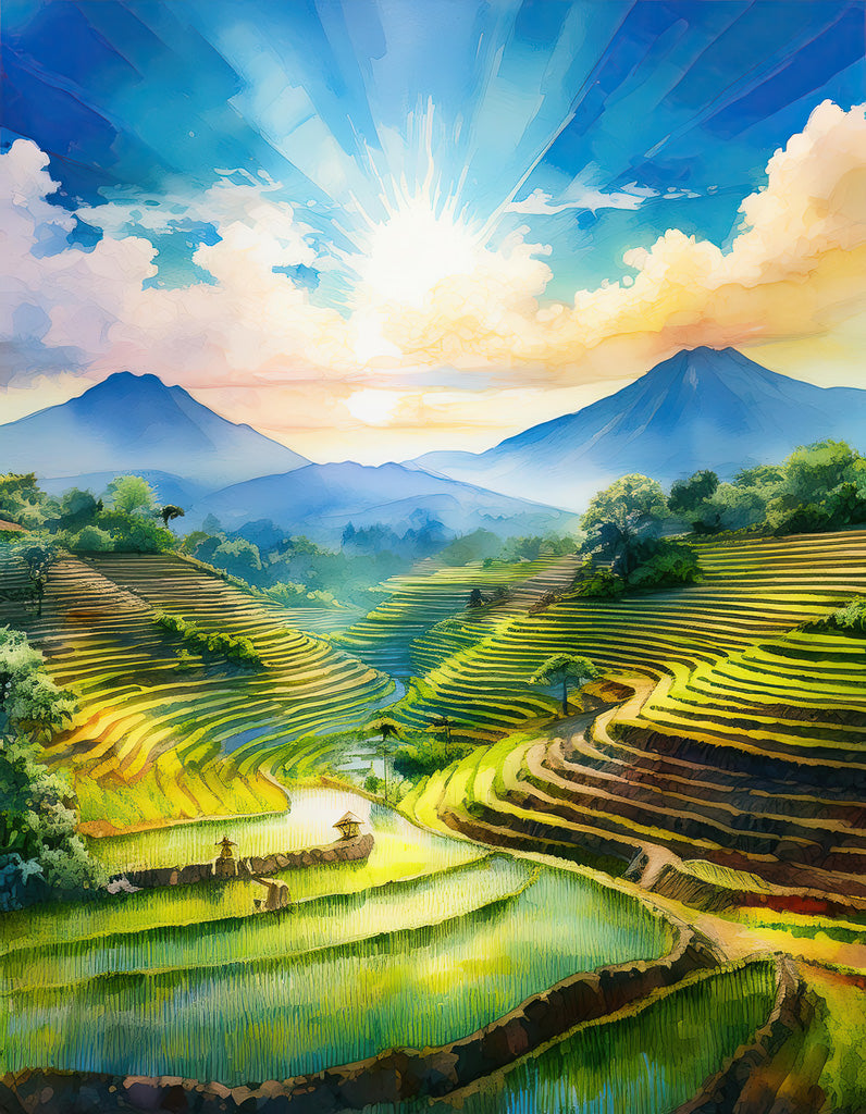 The "Indonesian Rice Valley" by FN Prints showcases a vibrant, watercolor-style painting that captures the natural splendor of an Indonesian rice valley under a radiant sun. Rolling green fields stretch towards distant mountains, with bright blue skies and soft, wispy clouds. Sunbeams add a tranquil and majestic atmosphere to the scene.