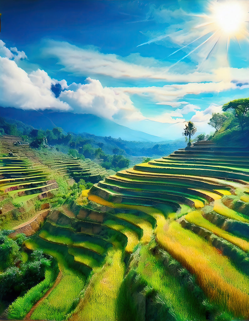 Behold the FN Prints "Rice Terraced Valley," a breathtaking depiction of lush, green terraced rice fields under a bright blue sky. The sun shines brilliantly, illuminating the rolling hills and vibrant landscape. In the distance, misty mountains ascend into the sky, adding depth to this traditional agricultural masterpiece of Indonesia's rice terraces.