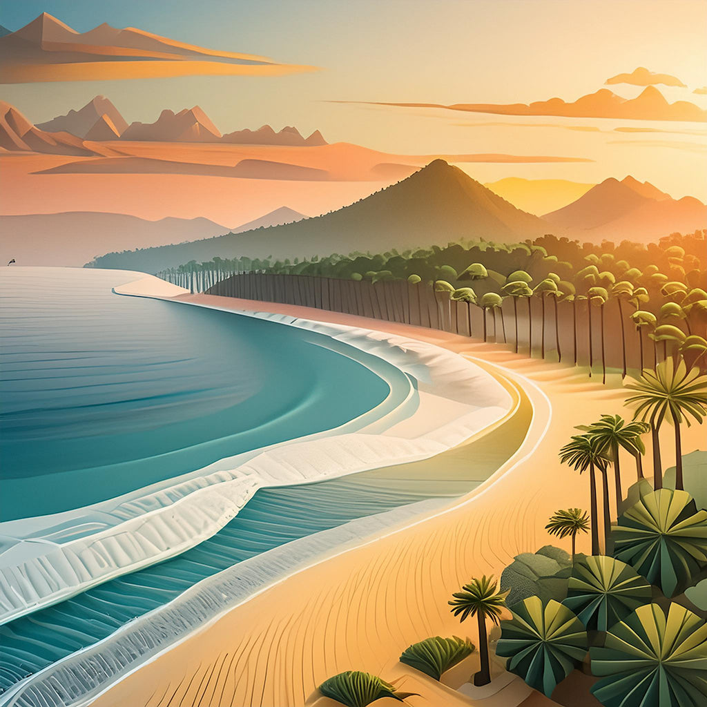 Golden Shores by FN Prints captures the natural beauty of a sandy shore with gentle waves, rows of palm trees, and a serene sea in a stylized digital illustration. In the distance, rolling hills and mountains rest under a vibrant sky with warm hues, making it perfect for coastal-themed decor.