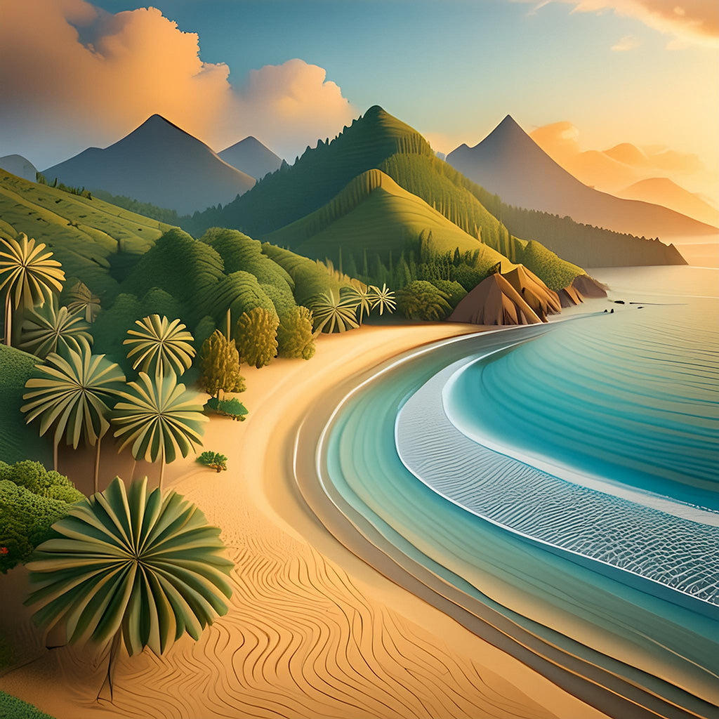 Turquoise Waters by FN Prints is a serene digital illustration that beautifully captures a picturesque tropical beach at sunrise, perfect for coastal-themed decor. The golden sands gently curve along the turquoise shoreline, framed by lush green hills and palm trees, with misty mountains in the background under a pastel sky.