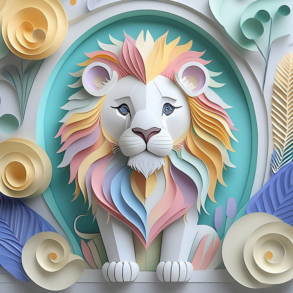 FN Prints presents "Laal The Lion," an intricate paper art depiction of Laal, highlighted with a pastel-colored mane in shades of pink, yellow, blue, and green. The lion is beautifully centered within an oval frame and surrounded by stylized, layered paper flowers and leaves in matching pastel colors, evoking a serene pastel landscape.