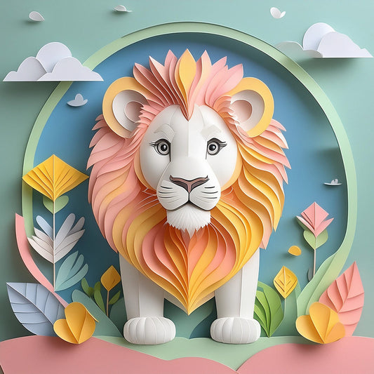 Introducing Lane The Lion by FN Prints, a colorful 3D paper art piece perfect for children's wall decor. This vibrant design features a lion with a lush mane in shades of pink, yellow, and orange, framed by stylized paper plants and flowers in various hues. The background showcases a blue sky with white clouds, creating an enchanting and whimsical scene.