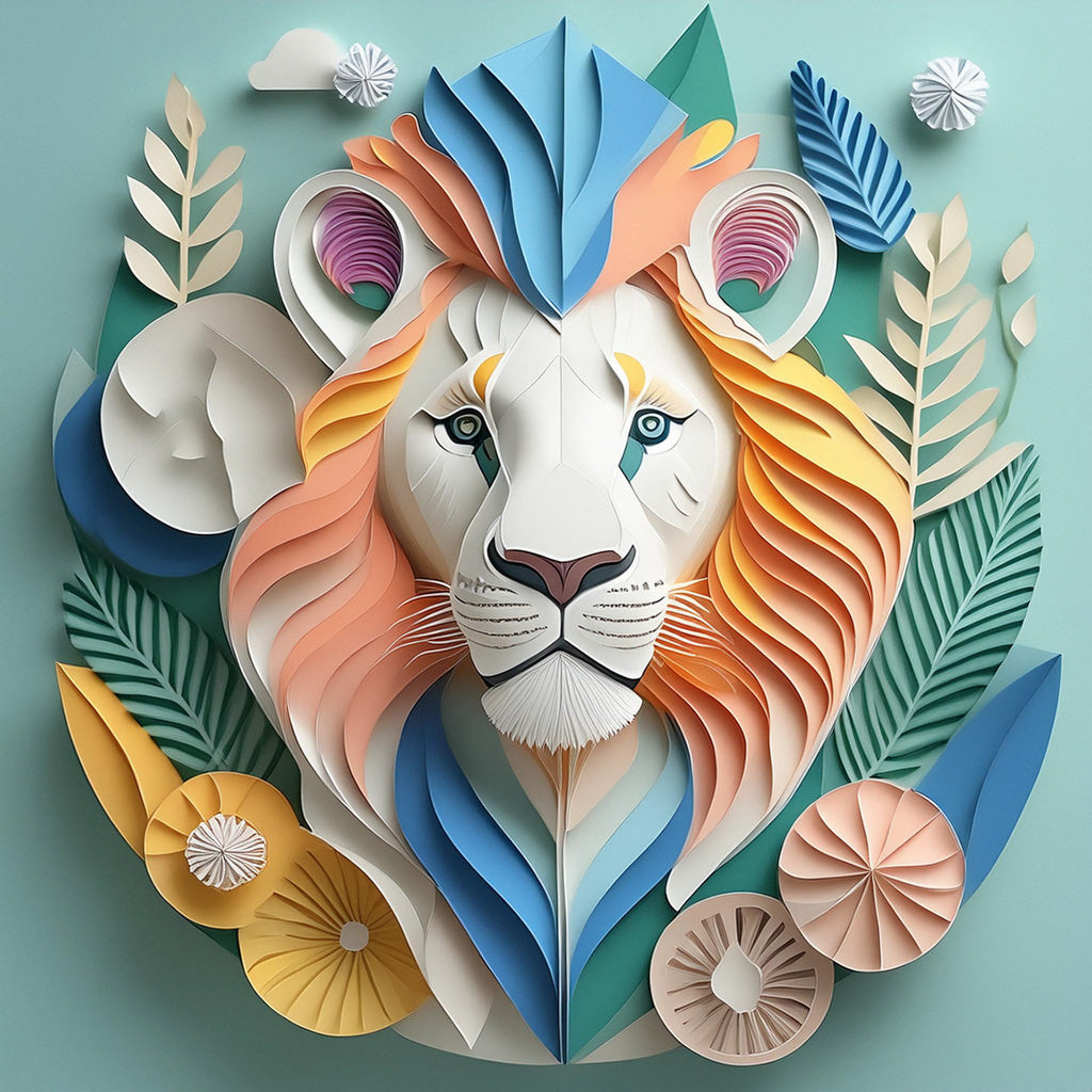 The "Luca The Lion" by FN Prints is a vibrant paper art illustration featuring an intricately designed white lion's face, complemented by a flowing multicolored mane in pastel shades of blue, yellow, orange, and pink. The background resembles a pastel landscape filled with stylized leaves, plants, and flowers, all crafted from layered paper.