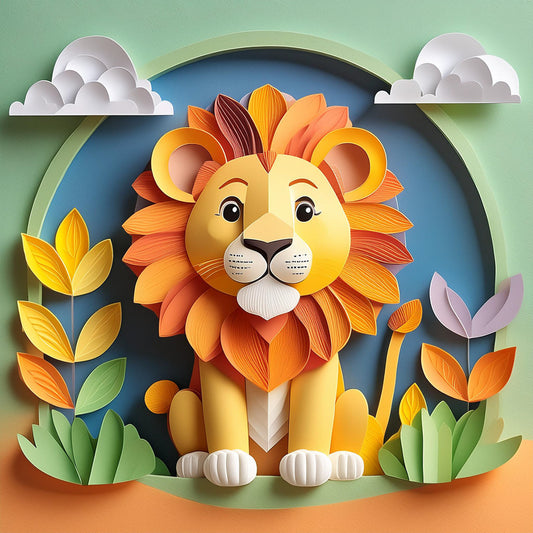 FN Prints' product, "Leonardo The Lion," showcases a vibrant, paper-cut style digital artwork. It features Leonardo, the lion with an orange mane, seated against a blue background framed by arches. Colorful leaves surround the cheerful lion while white clouds float above, creating a whimsical and friendly scene rich in vibrant colors.