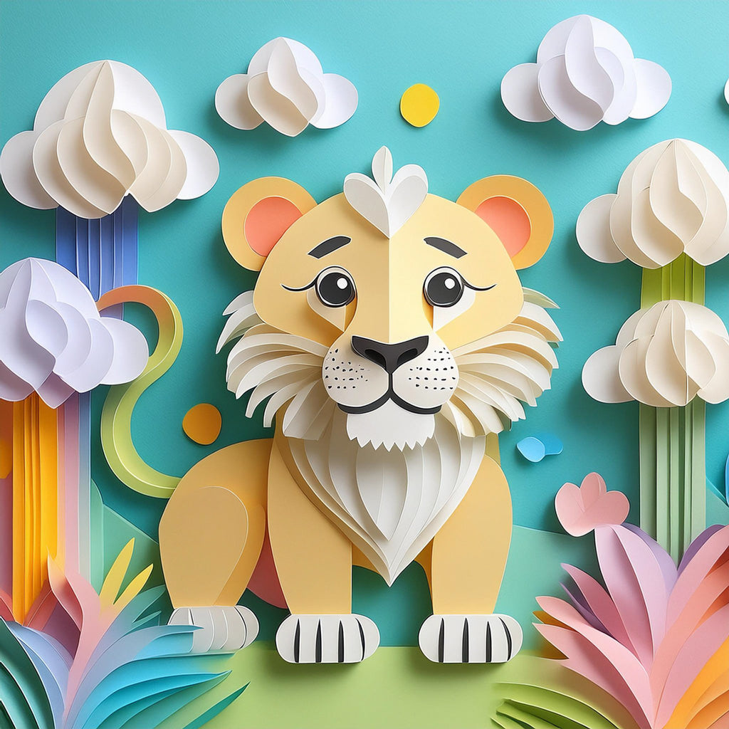 A colorful paper art illustration titled "Luna The Lioness Cub" by FN Prints features a smiling lioness cub sitting amidst an abstract pastel nature landscape. Surrounding Luna are whimsical, layered paper trees, bushes, and clouds, all designed in vibrant pastel hues. The background is a bright sky blue with sun and cloud cutouts.