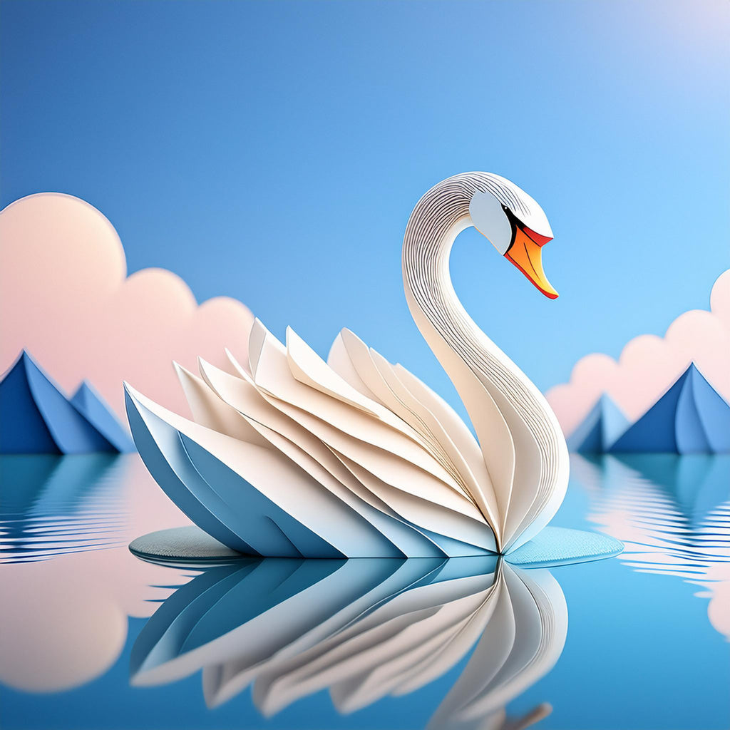 Satya The Swan by FN Prints elegantly floats on tranquil water, showcasing its intricate, layered wings. The serene scene features a blue sky adorned with fluffy pink and white clouds, while pyramid-shaped blue mountains gracefully reflect in the background—making it an ideal piece of serene nursery decor or digital artwork for kids.