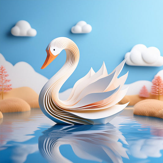 Suki The Swan by FN Prints features an intricately layered origami swan gracefully floating on a serene, reflective body of water. This digital artwork is set against a clear blue sky adorned with fluffy white clouds, pastel-colored trees, and gently rolling hills. The whimsical atmosphere radiates tranquility, making it an ideal piece for a peaceful nursery.