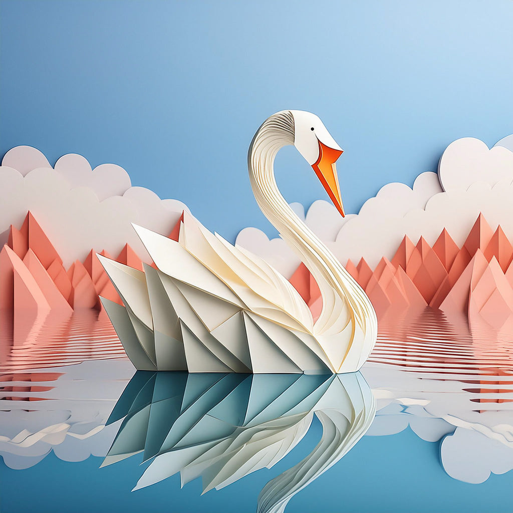 Salama The Swan by FN Prints gracefully floats on a reflective, calm water surface with its detailed paper-cut design and vibrant orange beak. In the background, stylized, layered paper mountains and puffy clouds adorn a blue sky, creating a serene and artistic scene perfect for nursery décor.