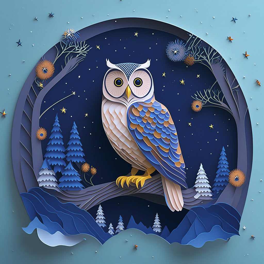 Discover the captivating FN Prints artwork of Ophelia the Owl, perched gracefully on a branch. This intricately detailed illustration showcases Ophelia's feathers in stunning shades of blue and tan, set against a mesmerizing night landscape with stars, trees, and abstract floral elements. The entire scene is artistically framed for an elegant display.