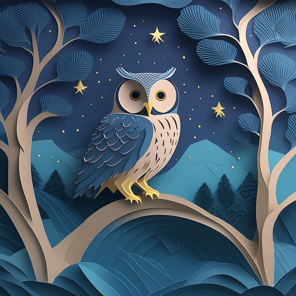 The FN Prints "Owain The Owl" features a detailed paper art illustration of Owain, an owl with large yellow eyes and blue feathers, perched on a branch. He is surrounded by layered trees and hills, set against a starry night sky that adds depth to the intricate, three-dimensional scene in this enchanting art print.