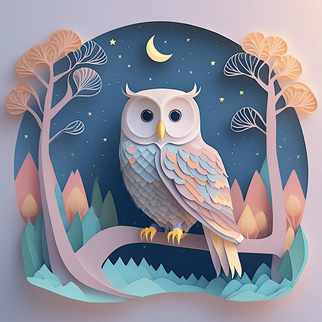 The whimsical digital artwork illustration "Olga the Owl" by FN Prints features a pastel spectrum colored owl perched on a branch at night. The owl is surrounded by stylized trees, hills, and a crescent moon in a starry sky. Soft pastel colors and the folded paper effect enhance the serene and magical atmosphere of the scene.