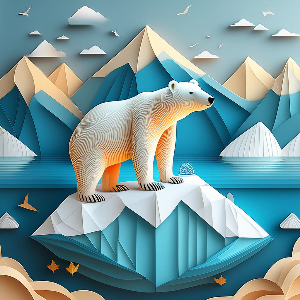 A stylized illustration from FN Prints titled "Penelope The Polar Bear" showcases a polar bear standing on an iceberg. This piece of Arctic artwork features mountainous landscapes in the background, a serene body of water, and a few birds flying in the sky. The color palette includes shades of blue, white, and beige. Perfect for digital nursery decor.