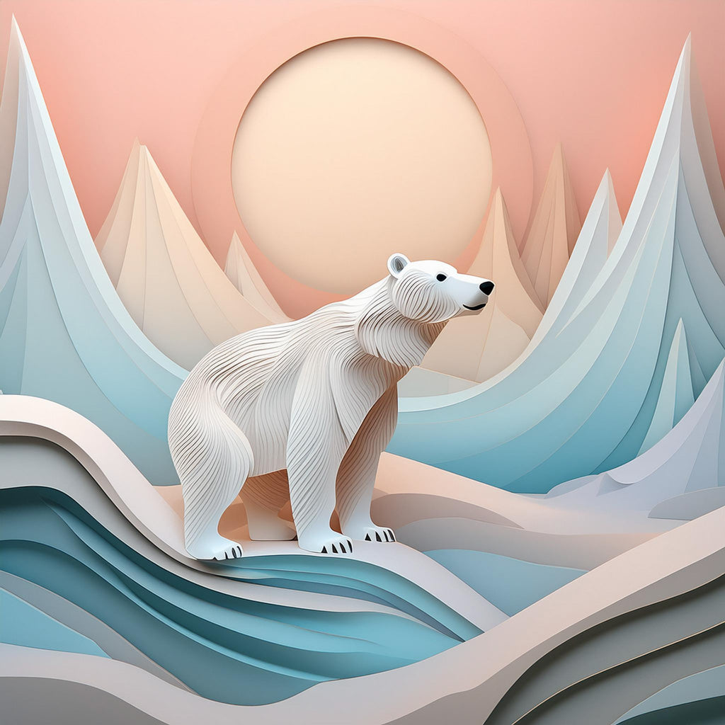 Primrose The Polar Bear, from FN Prints, stands proudly on abstract, wavy shapes in a surreal Arctic landscape. The background showcases smooth, ice-like mountains and a large, glowing sun against a pastel-colored sky. This digital nursery art piece features intricate paper-cut aesthetics and soft gradients.