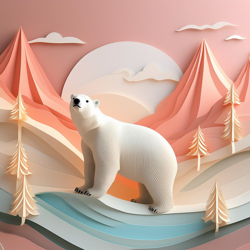 A stylized paper art scene from FN Prints features Paz The Polar Bear standing on a blue patch of land. The background includes pink and peach-colored mountain peaks, fluffy clouds, and abstract trees, all crafted from layered paper under a pastel pink sky. This whimsical piece captures an Arctic wonderland.