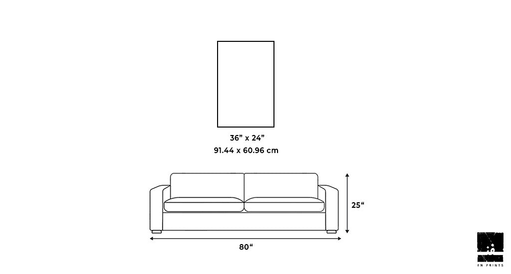 A diagram displays the dimensions of a framed Copenhagen Map - Circle print positioned above a sofa. The print measures 36" x 24" (91.44 x 60.96 cm), and the sofa is 80" wide and 25" tall. Measurement arrows with labels are included, and the FN Prints logo is located in the bottom right corner.