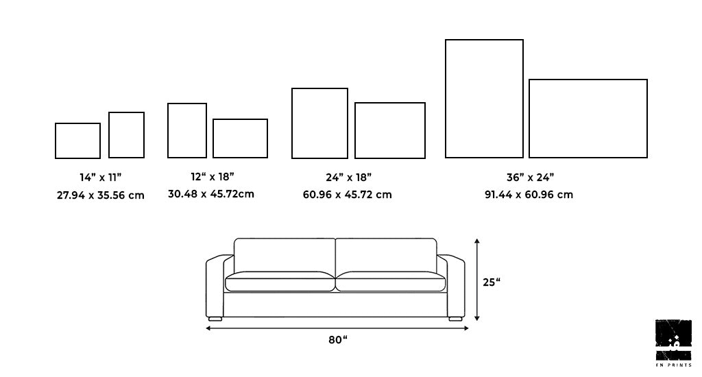 A diagram comparing different frame sizes in a vibrant color palette featuring the FN Prints Lisbon Graffiti collection. From left to right: 14"x11" (27.94x35.56 cm), 12"x18" (30.48x45.72 cm), 24"x18" (60.96x45.72 cm), and 36"x24" (91.44x60.96 cm). Below them