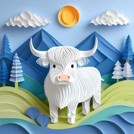 The whimsical artwork titled "Hadlee The Highland Cow" by FN Prints features a stylized illustration of a white highland cow with flowing hair and gracefully curved horns. Set against a serene backdrop of rolling green hills, majestic blue mountains, and a radiant yellow sun peeking through fluffy white clouds, this digital masterpiece captures the enchanting essence of the Scottish Highlands with a charming paper-cut effect.