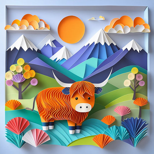 A vibrant and whimsical digital art illustration by FN Prints features "Harrison The Highland Cow" in a playful, paper-cut style. The ginger highland cow stands amidst a colorful landscape with green rolling hills, colorful trees, distant mountains, a radiant orange sun, and a partly cloudy sky. This scene perfectly captures the charm of the Scottish Highlands.