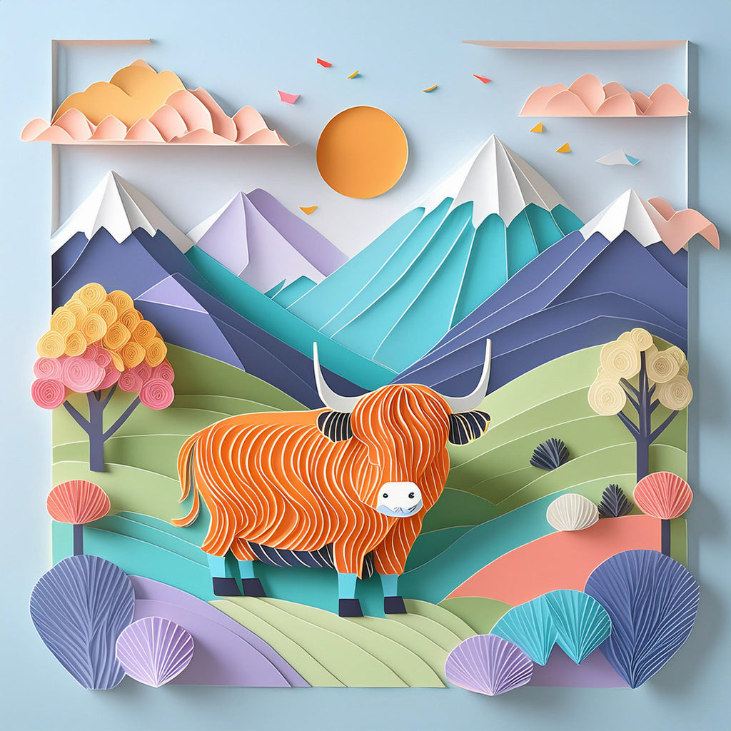 The vibrant and whimsical illustration titled "Haidyn The Highland Cow" by FN Prints features a digital art depiction of a colorful, paper-cut style ginger Highland cow with long orange fur and large horns. Haidyn stands proudly on rolling hills dotted with trees in the Scottish Highlands, while snow-covered mountains and a bright sun against a clear sky create a stunning backdrop.