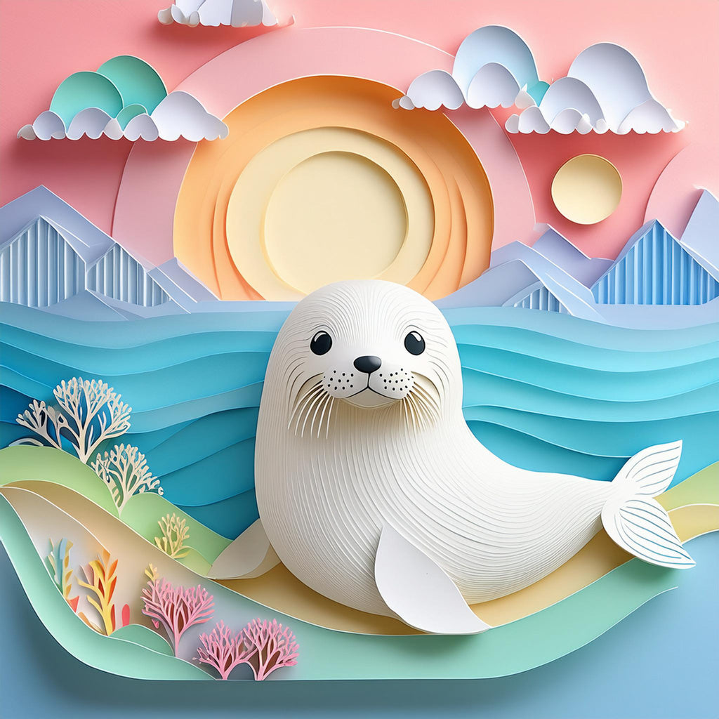 FN Prints presents "Sofia The Seal," a whimsical, vibrant paper art scene featuring Sofia the white seal lying on a beach surrounded by colorful waves and coral. The backdrop showcases stylized mountains, fluffy clouds, and a radiant sun setting in a pastel seascape sky, creating a playful and serene atmosphere.