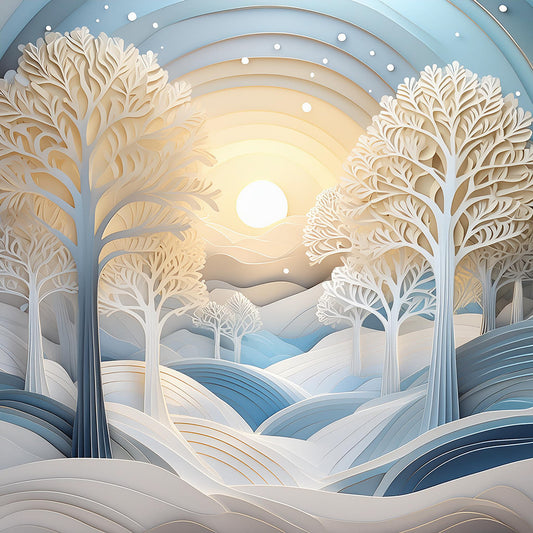 FN Prints' "Snowy Sunset" showcases a serene, abstract winter landscape with layered, folded-paper-effect trees and hills in soothing pastel shades of blue, white, and beige. The softly glowing sun illuminates the tranquil scene, adding a sense of depth and texture.