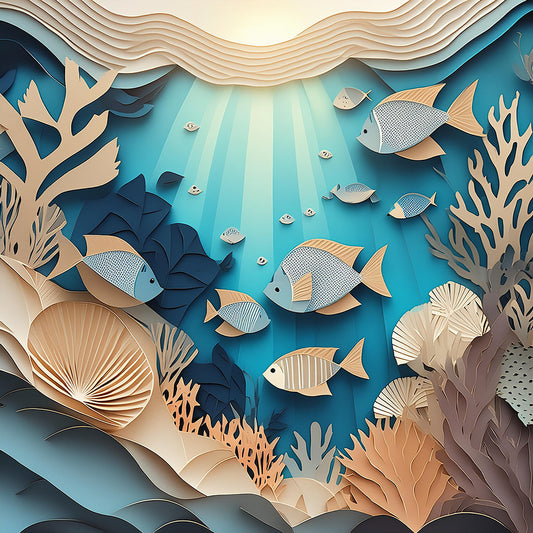 Experience the enchanting underwater world with "Ocean Sunbeams" by FN Prints, a vibrant artwork created using layered paper art. This captivating piece features multiple fish of various sizes swimming among intricately crafted seaweed and coral, basking in sun rays filtering down from the surface. The predominant colors are blue, teal, and shades of beige.