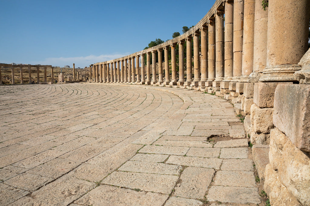 The image from FN Prints' Oval Plaza Jerash Colour beautifully captures an ancient Roman colonnaded street in Jerash, highlighting the impressive architecture with tall columns and a broad stone-paved walkway. The evenly spaced columns line the right side of the gently curving path, stretching toward the horizon under a clear blue sky.