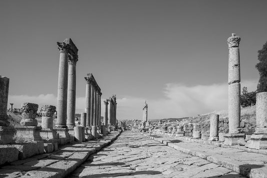 A black-and-white photo titled "The Walkway Jerash" by FN Prints captures an ancient stone-paved road flanked by tall, weathered columns that leads toward distant ruins under a clear sky. This evocative scene, reminiscent of Jerash's historical galleries, embodies classical antiquity and suggests Roman or Greek architecture.