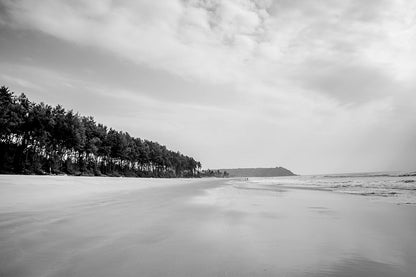 Fine art black and white photography of a wide, empty beach in Goa, India, lined with a forest of tall trees under a cloudy sky.
