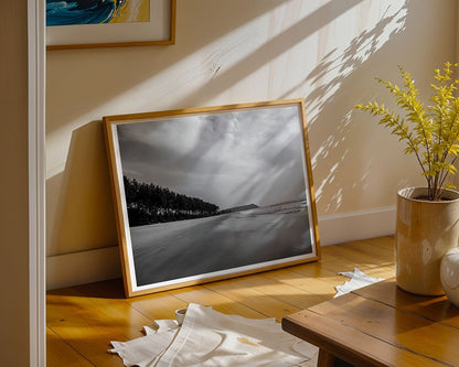 The photograph entitled "A Walk On The Beach" by FN Prints, framed in black and white, captures the essence of natural beauty as it leans gracefully against a wall, bathed in sunlight streaming through a window. Close by, a potted plant with yellow leaves rests on the wooden floor, evoking the serene charm of a Goan coastal retreat.