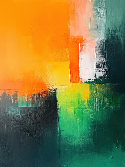 Modern abstract artwork with orange, white, and green blocks representing Irish flag colors.