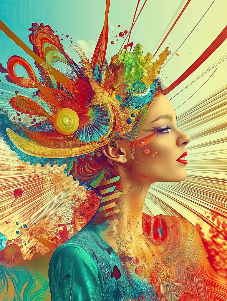 The "Abstract Future" by FN Prints shows a digitally created woman in profile with vibrant, psychedelic digital artwork resembling feathers and paint splashes. The turquoise and orange hues in the background highlight its modern and creative design.