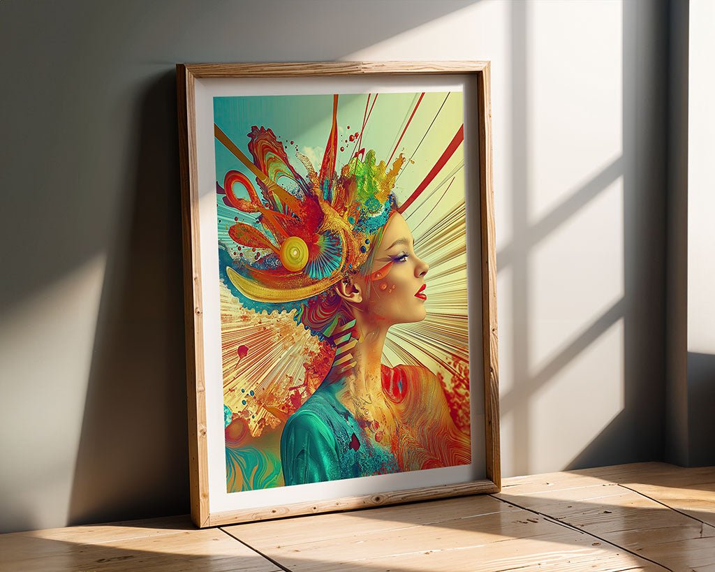 Abstract Future," by FN Prints, is a vibrant framed painting depicting a woman in profile with a colorful feathered headdress and abstract patterns. Radiating modernity and creativity, it leans against a wall where sunlight casts shadows on the wooden floor.