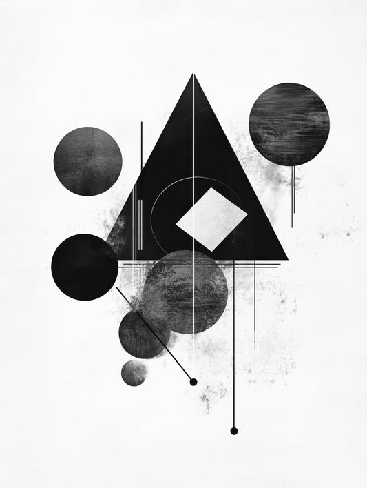 A minimalist black-and-white abstract art print featuring a central triangle, surrounded by circles and dynamic lines in a modern geometric style.