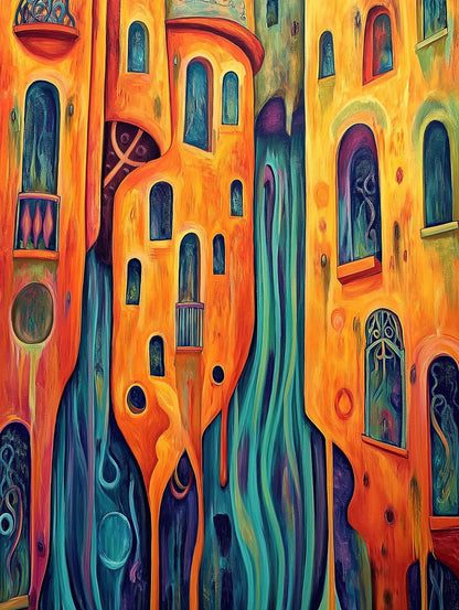 The Abstract Mediterranean by FN Prints is a vibrant, surreal painting featuring tall orange and yellow buildings with abstract windows, blending into blue and green forms. This creates a dreamlike cityscape with flowing shapes and vibrant colors.