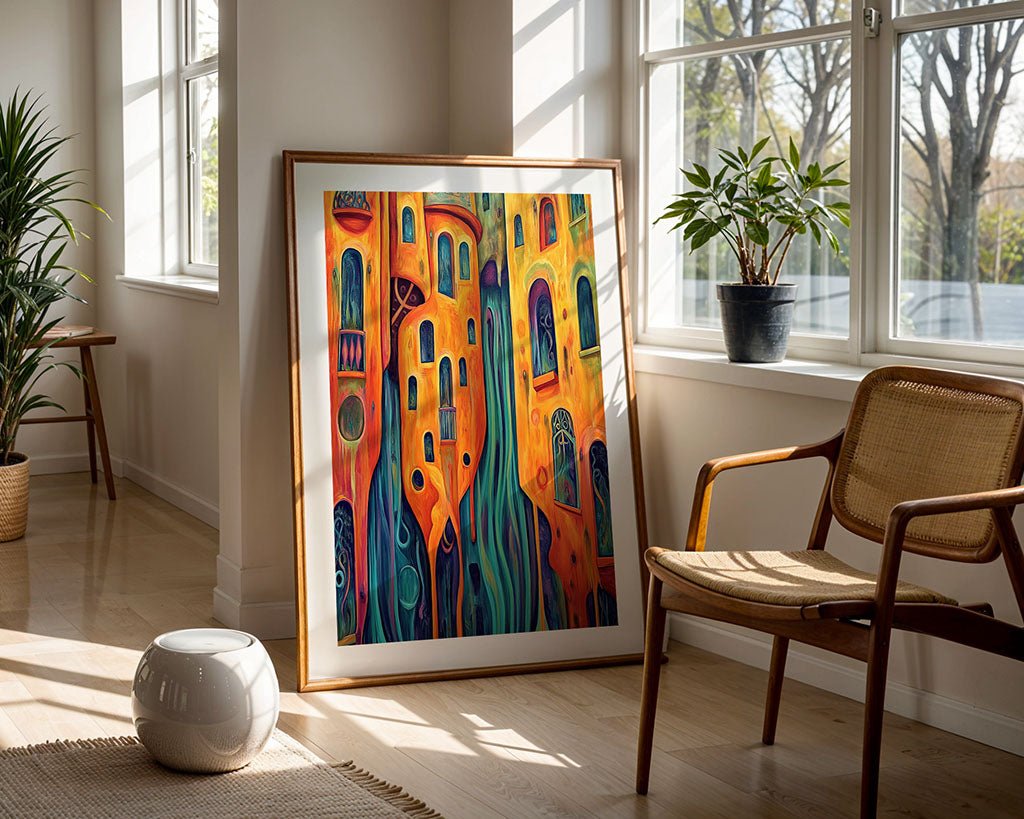 An Abstract Mediterranean painting by FN Prints leans against a sunlit wall. The room features a wooden chair, a small plant on the windowsill, and a white rounded stool on the wooden floor.