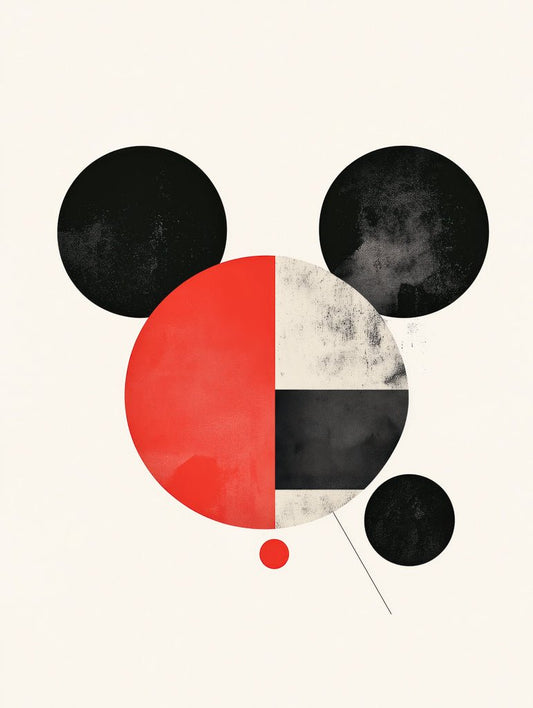 A minimalist geometric art print of Mickey Mouse with red, black, and white circular shapes, offering a modern interpretation of the iconic character.