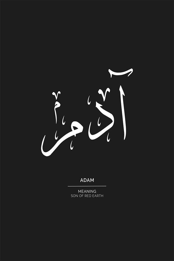White Arabic calligraphy of "Adam - آدم" is centered on a black background with the text: "Meaning: Son of red earth." This minimalist wall art by FN Prints is part of the Arabic Names Collection.