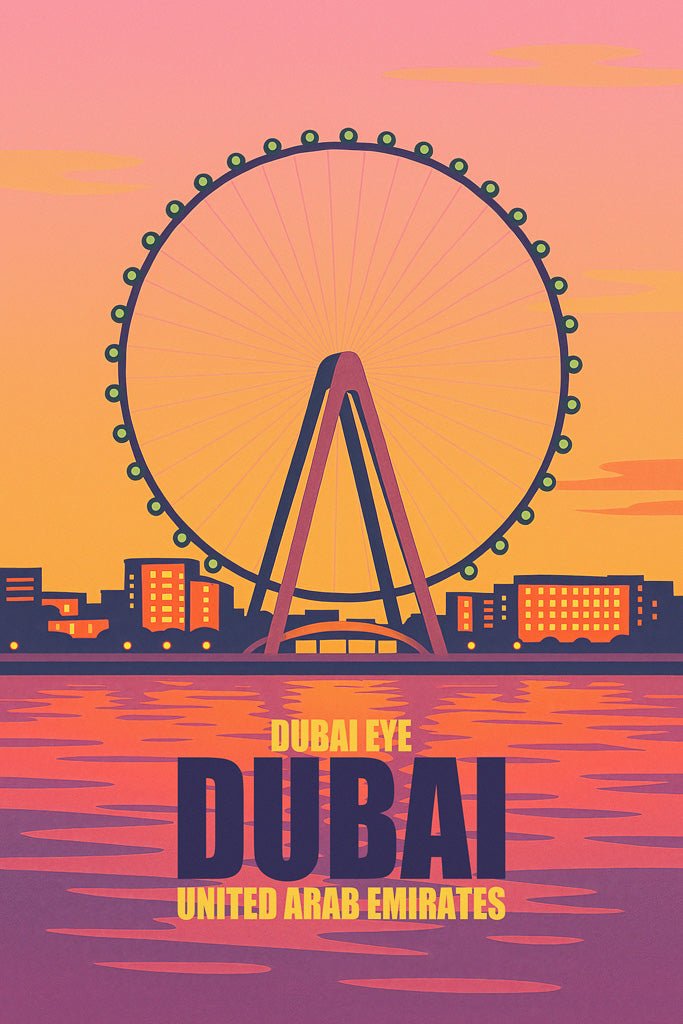 Illustration of Ain Dubai (Dubai Eye) Ferris wheel at sunset, with city skyline and pink-orange reflections on water.