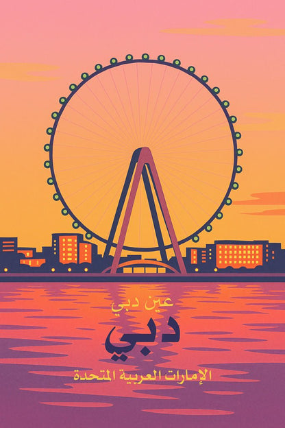 Illustration of Ain Dubai (Dubai Eye) Ferris wheel at sunset, with city skyline and pink-orange reflections on water.