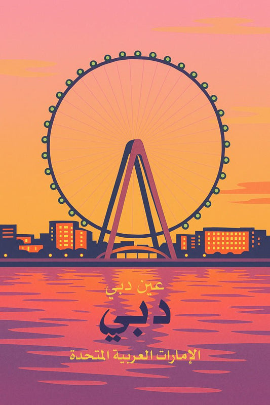 Illustration of Ain Dubai (Dubai Eye) Ferris wheel at sunset, with city skyline and pink-orange reflections on water.
