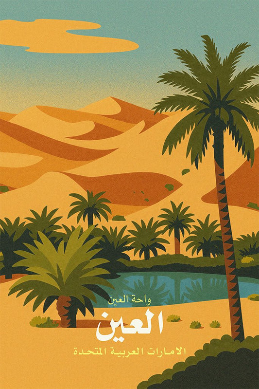 Vintage-style poster of Al Ain Oasis with palm trees and desert landscape.